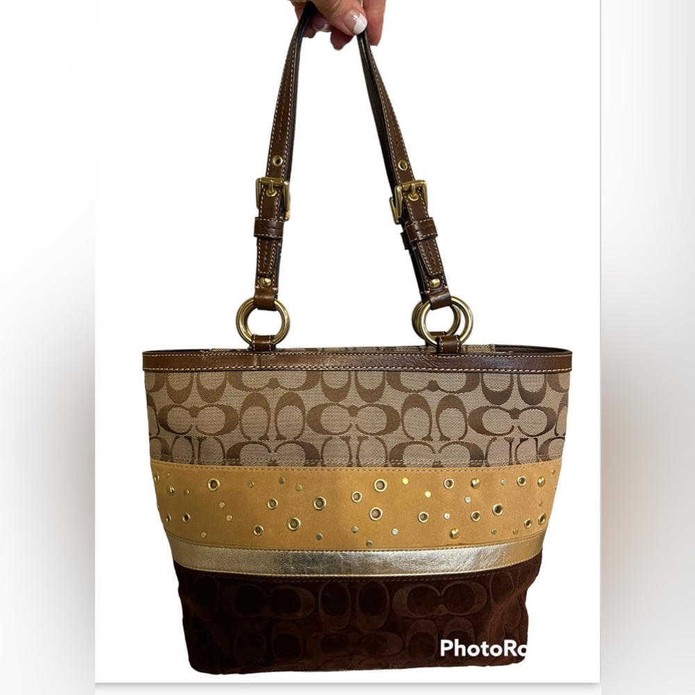 Rare Coach bag! Brown and gold- canvas suede and leather.  Like new!